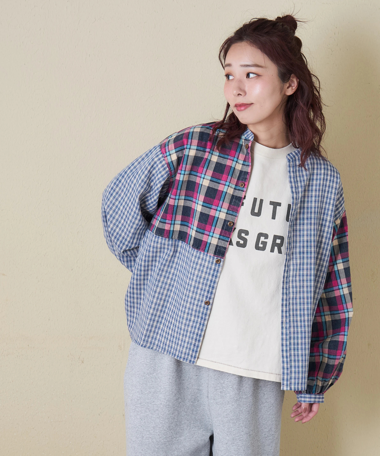 CUBE SUGAR(キューブシュガー) |【春新作】先染めチェック 組合せ アシッド加工 ギャザー バルーン シャツ