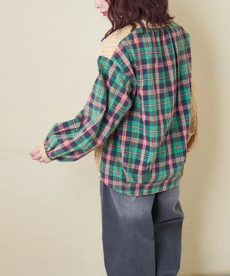 CUBE SUGAR(キューブシュガー) |【春新作】先染めチェック 組合せ アシッド加工 ギャザー バルーン シャツ