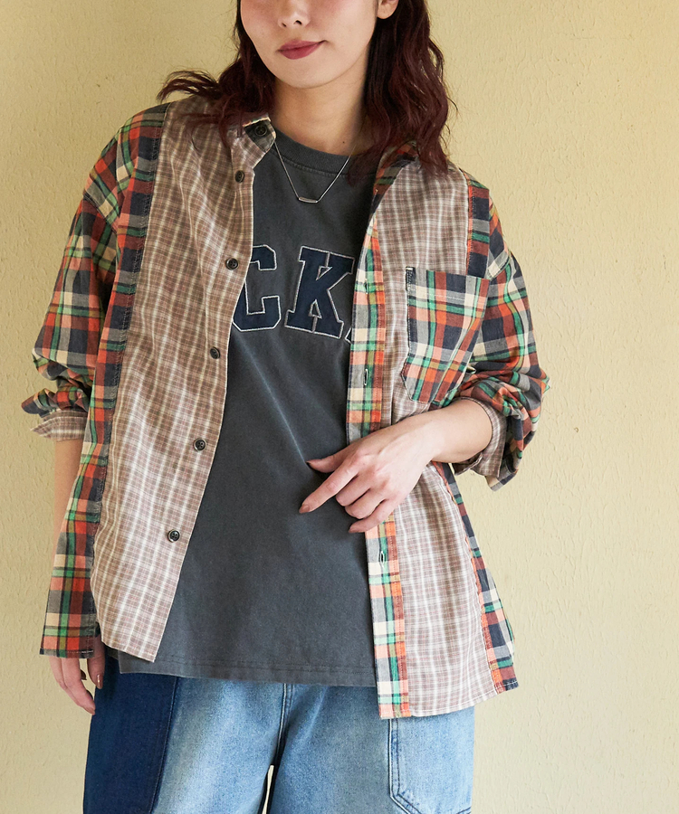 CUBE SUGAR(キューブシュガー) |【春新作】先染めチェック 組合せ アシッド加工 切替 ビッグシャツ