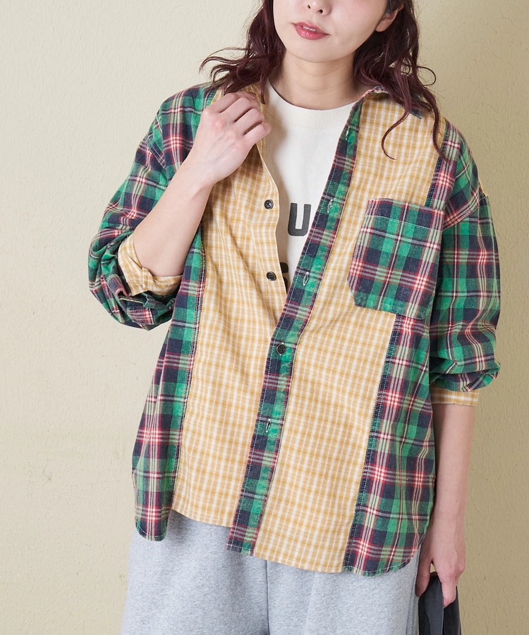 CUBE SUGAR(キューブシュガー) |【春新作】先染めチェック 組合せ アシッド加工 切替 ビッグシャツ