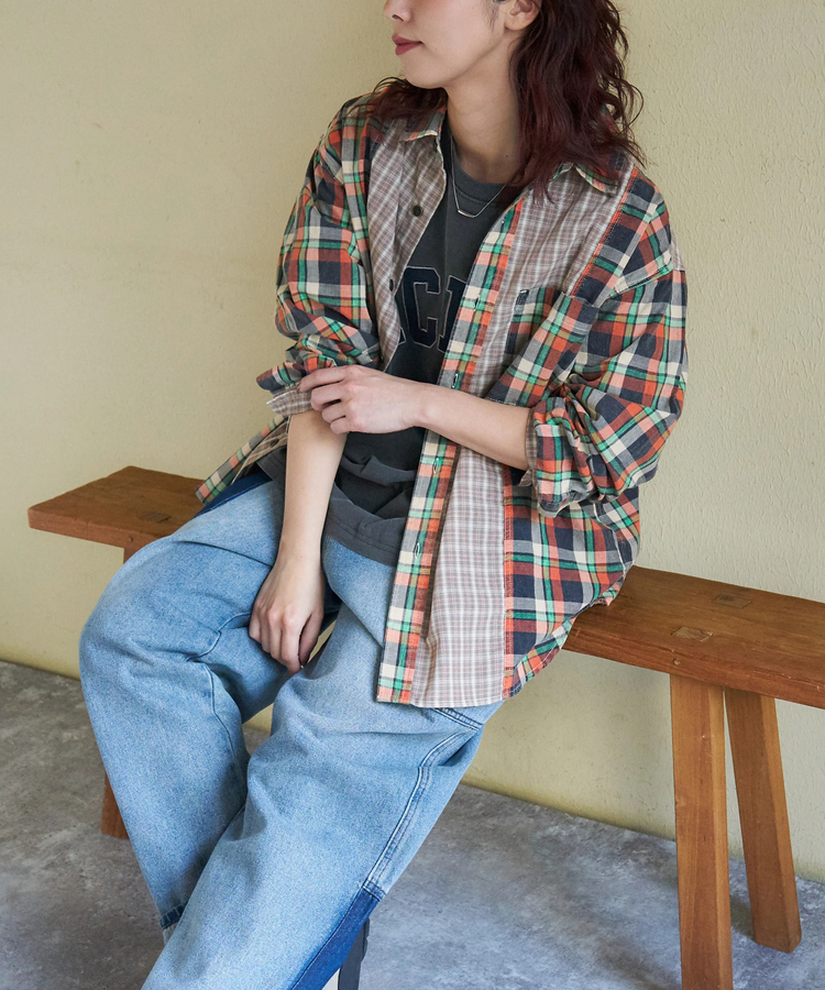 CUBE SUGAR(キューブシュガー) |【春新作】先染めチェック 組合せ アシッド加工 切替 ビッグシャツ