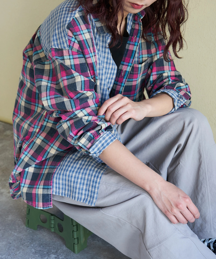 CUBE SUGAR(キューブシュガー) |【春新作】先染めチェック 組合せ アシッド加工 切替 ビッグシャツ