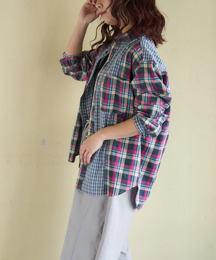 CUBE SUGAR(キューブシュガー) |【春新作】先染めチェック 組合せ アシッド加工 切替 ビッグシャツ
