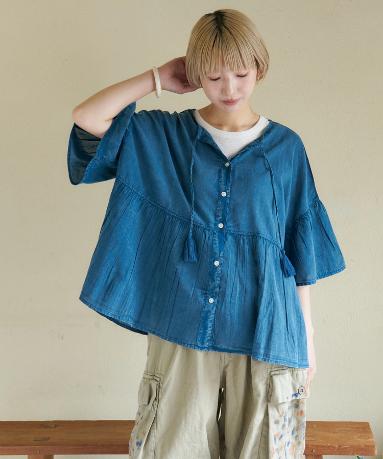 CUBE SUGAR(キューブシュガー) |【春新作】インド キャンブリック アシッド加工 前後2Way ギャザーシャツ