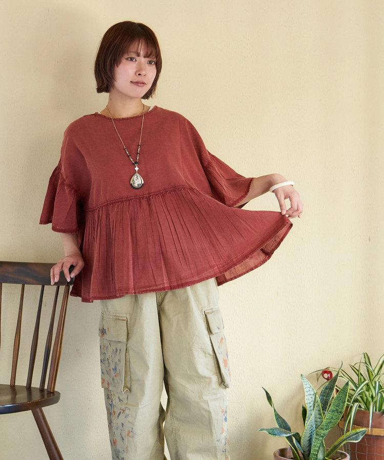 CUBE SUGAR(キューブシュガー) |【春新作】インド キャンブリック アシッド加工 前後2Way ギャザーシャツ