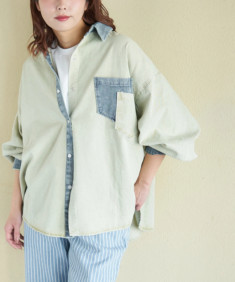 CUBE SUGAR(キューブシュガー) |【春新作】デニム使い ピグメント染 配色 ビッグシャツ
