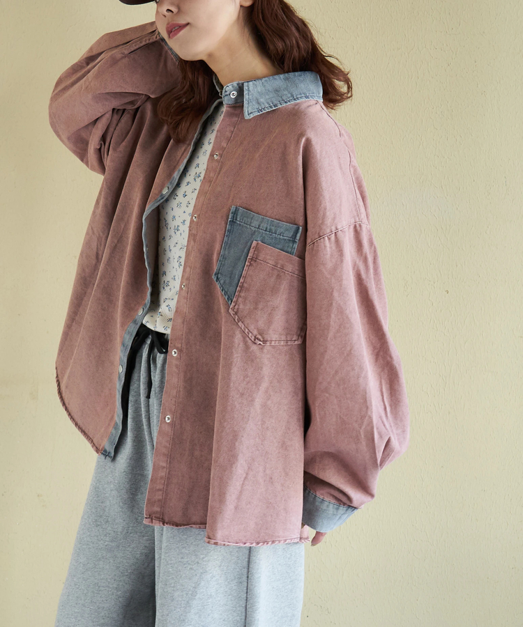 CUBE SUGAR(キューブシュガー) |【春新作】デニム使い ピグメント染 配色 ビッグシャツ