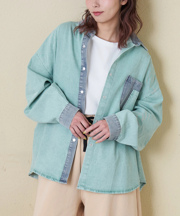 CUBE SUGAR(キューブシュガー) |【春新作】デニム使い ピグメント染 配色 ビッグシャツ