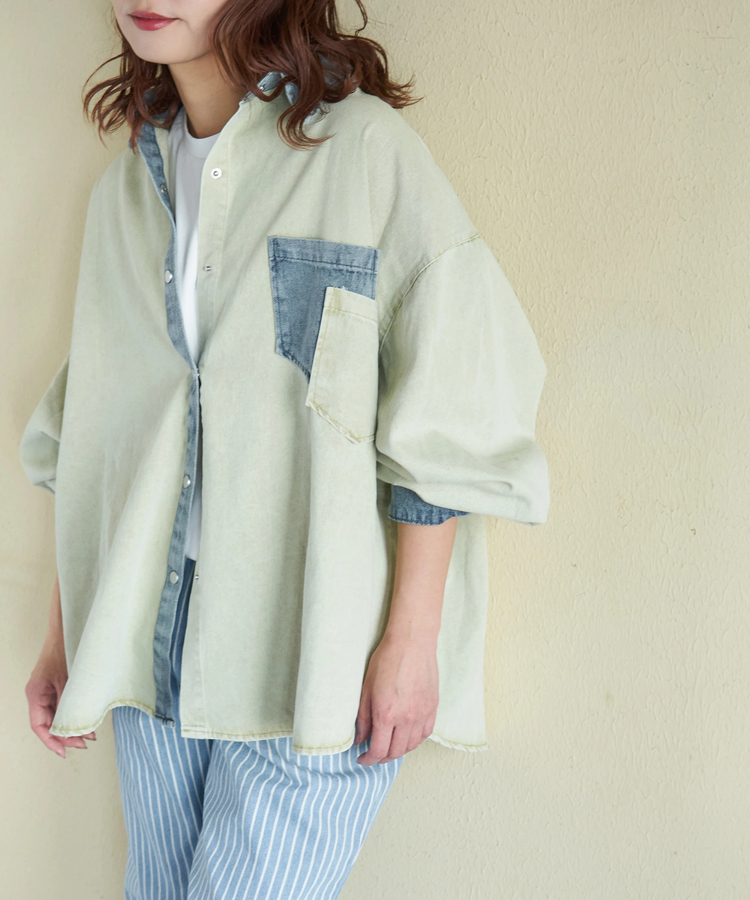 CUBE SUGAR(キューブシュガー) |【春新作】デニム使い ピグメント染 配色 ビッグシャツ