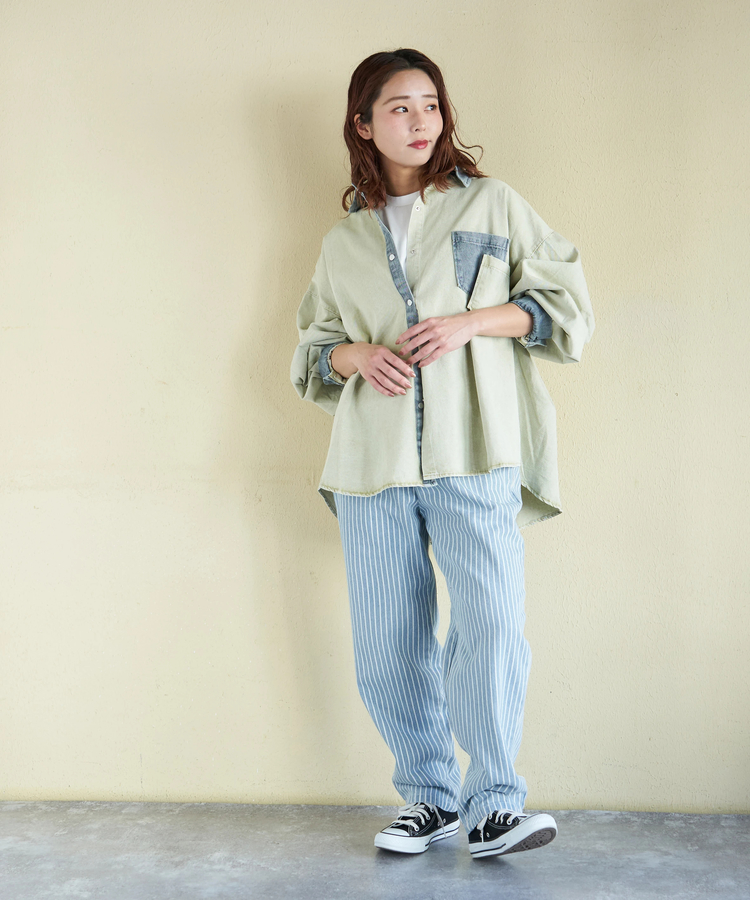 CUBE SUGAR(キューブシュガー) |【春新作】デニム使い ピグメント染 配色 ビッグシャツ