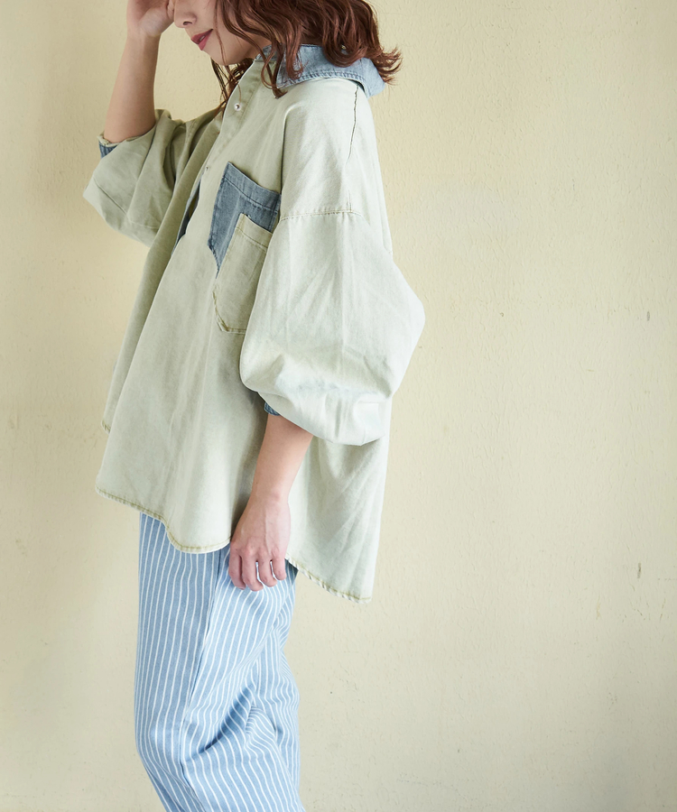 CUBE SUGAR(キューブシュガー) |【春新作】デニム使い ピグメント染 配色 ビッグシャツ