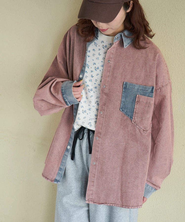 CUBE SUGAR(キューブシュガー) |【春新作】デニム使い ピグメント染 配色 ビッグシャツ