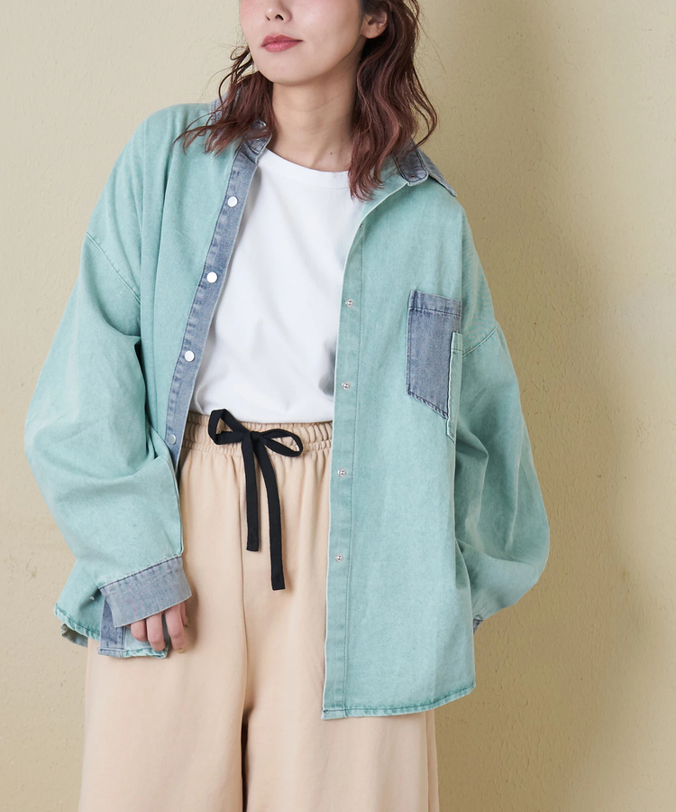 CUBE SUGAR(キューブシュガー) |【春新作】デニム使い ピグメント染 配色 ビッグシャツ