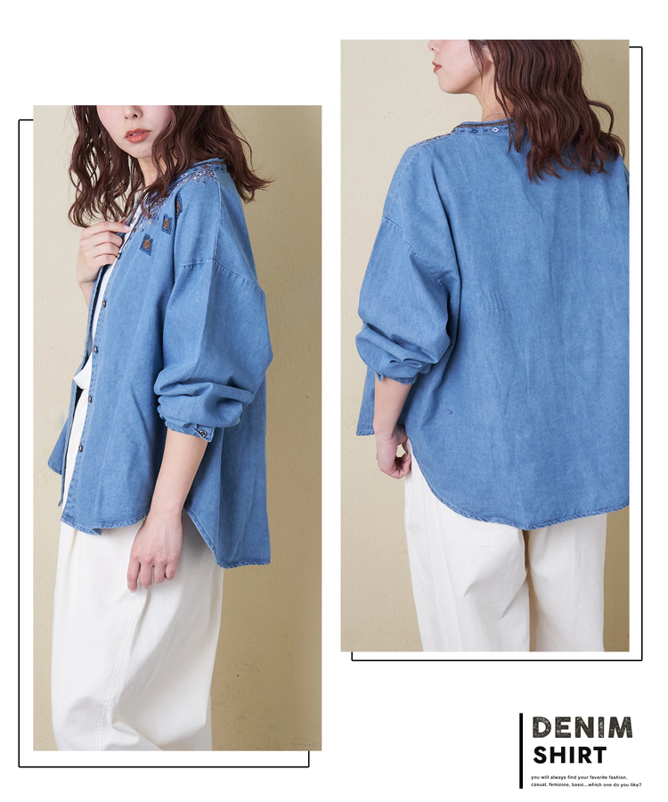 CUBE SUGAR(キューブシュガー) |【春新作】デニム 刺繍 スタンドカラー シャツ