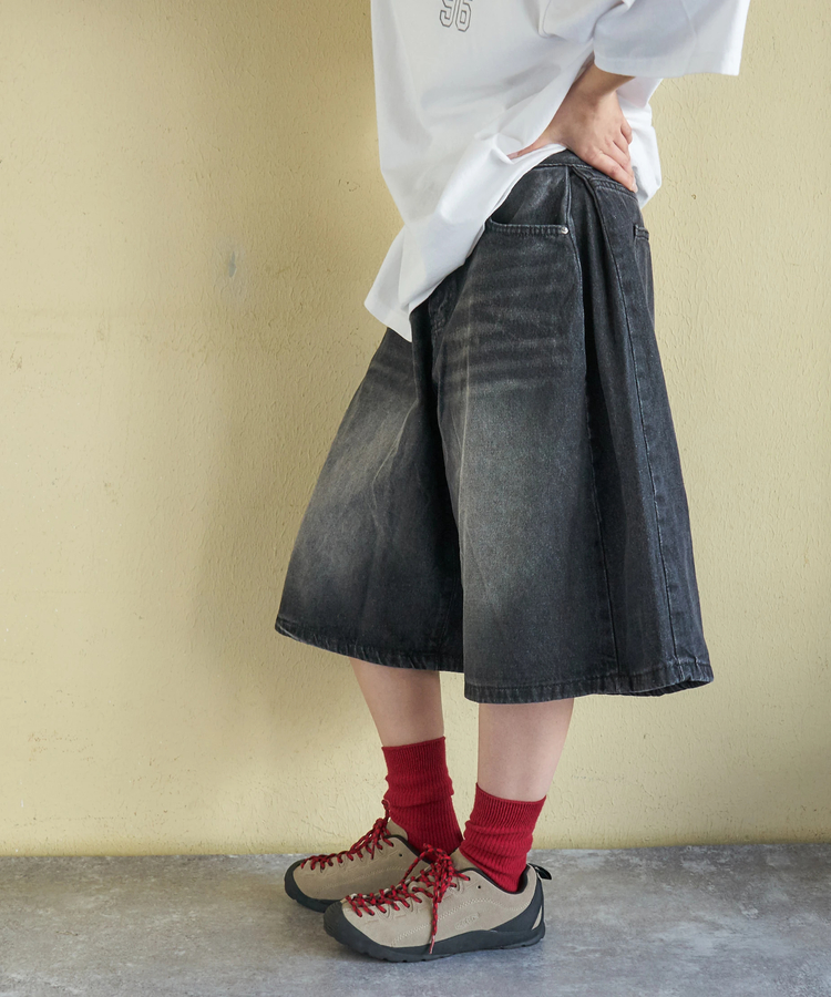 CUBE SUGAR(キューブシュガー) |【3/18まで!スプリングフェア 】【春新作】デニム サイド タック ワイド ハーフパンツ