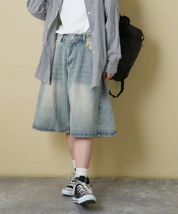 CUBE SUGAR(キューブシュガー) |【3/18まで!スプリングフェア 】【春新作】デニム サイド タック ワイド ハーフパンツ