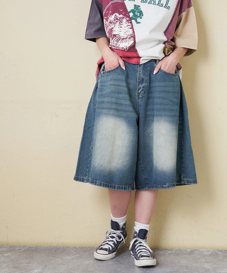 CUBE SUGAR(キューブシュガー) |【3/18まで!スプリングフェア 】【春新作】デニム サイド タック ワイド ハーフパンツ