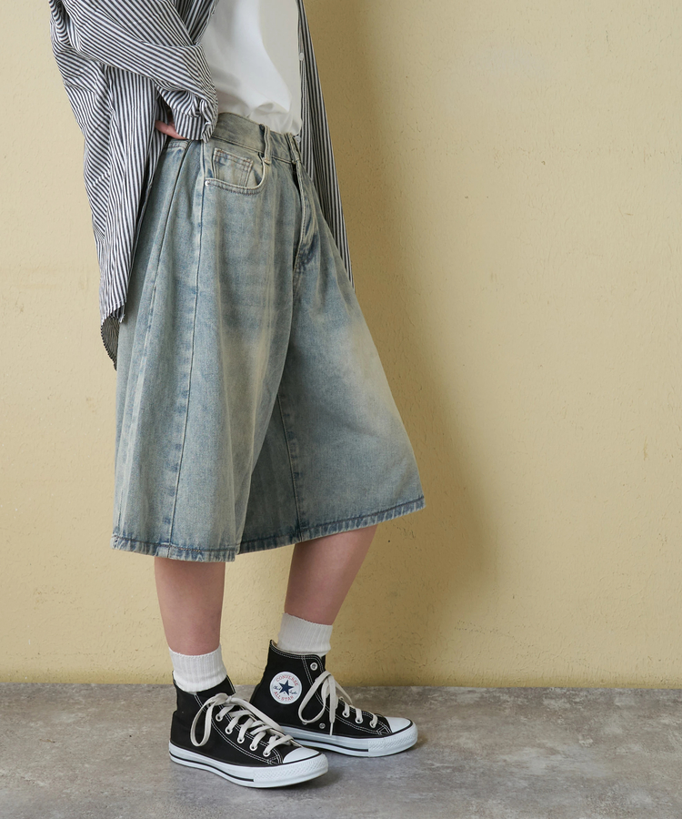 CUBE SUGAR(キューブシュガー) |【3/18まで!スプリングフェア 】【春新作】デニム サイド タック ワイド ハーフパンツ