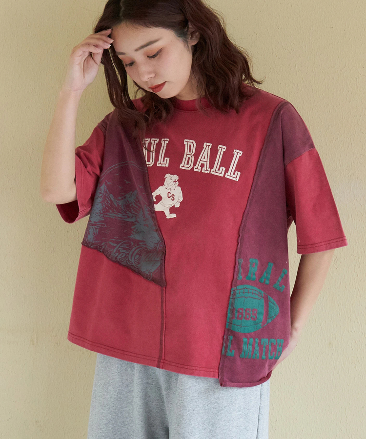 CUBE SUGAR(キューブシュガー) |【春新作】21/-天竺 パウダー加工 リメイク風 切替 Tシャツ