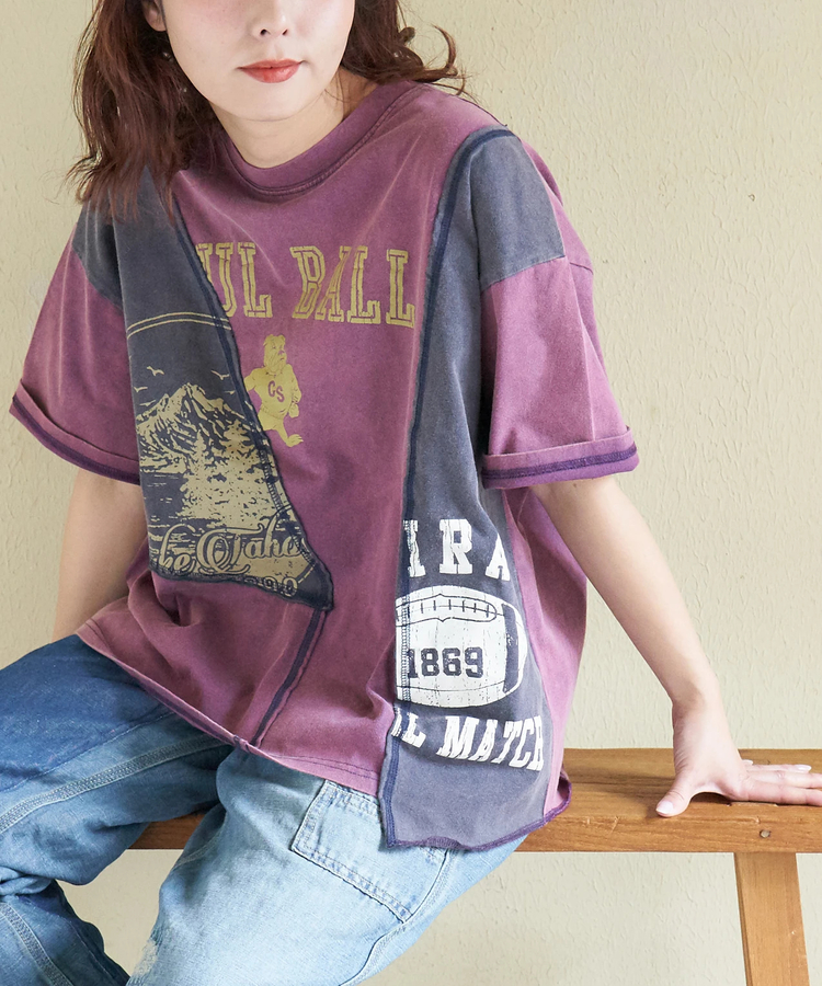 CUBE SUGAR(キューブシュガー) |【春新作】21/-天竺 パウダー加工 リメイク風 切替 Tシャツ