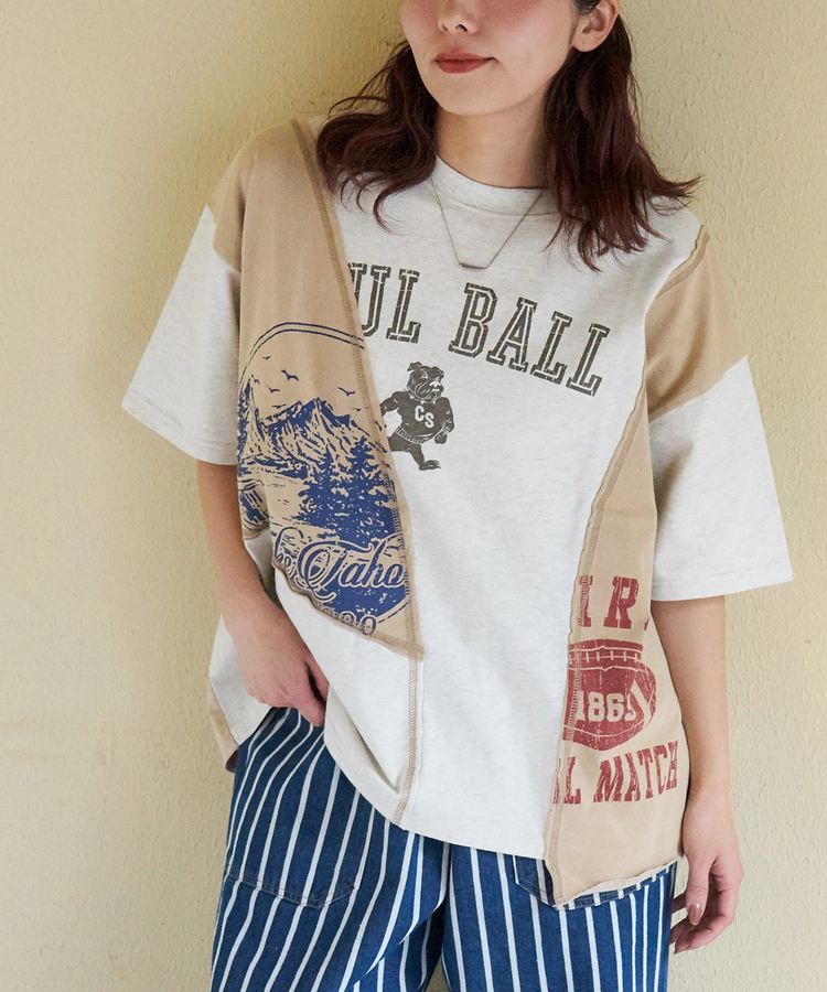 CUBE SUGAR(キューブシュガー) |【春新作】21/-天竺 パウダー加工 リメイク風 切替 Tシャツ