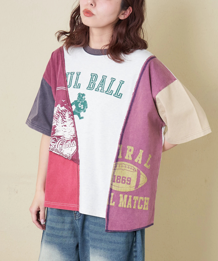 CUBE SUGAR(キューブシュガー) |【春新作】21/-天竺 パウダー加工 リメイク風 切替 Tシャツ