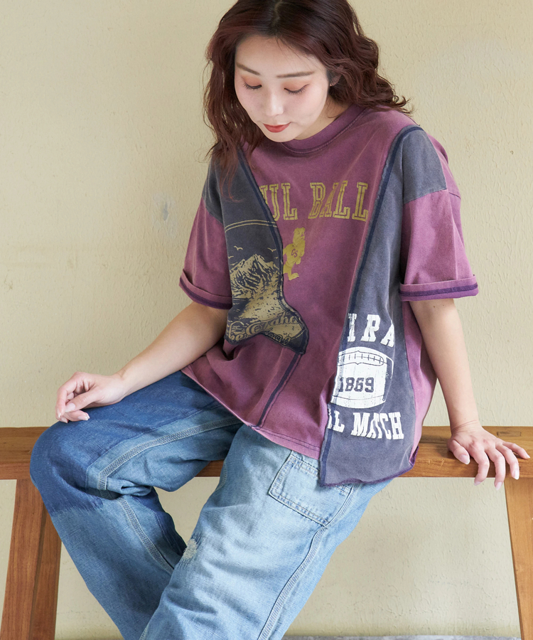 CUBE SUGAR(キューブシュガー) |【春新作】21/-天竺 パウダー加工 リメイク風 切替 Tシャツ