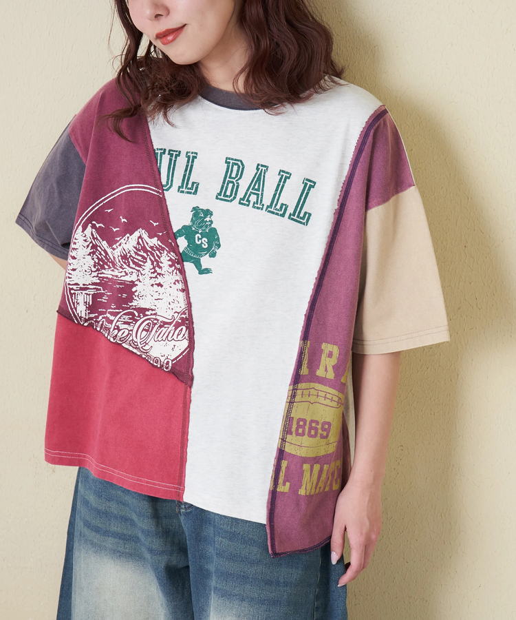 CUBE SUGAR(キューブシュガー) |【春新作】21/-天竺 パウダー加工 リメイク風 切替 Tシャツ