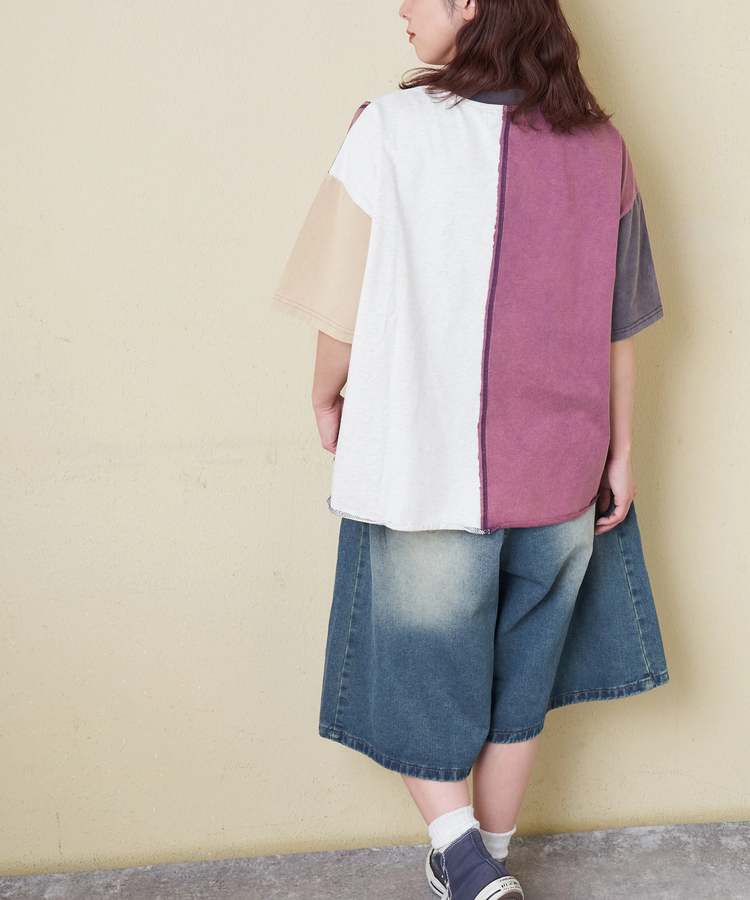 CUBE SUGAR(キューブシュガー) |【春新作】21/-天竺 パウダー加工 リメイク風 切替 Tシャツ