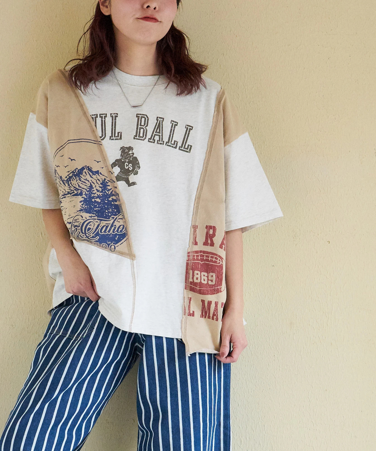 CUBE SUGAR(キューブシュガー) |【春新作】21/-天竺 パウダー加工 リメイク風 切替 Tシャツ