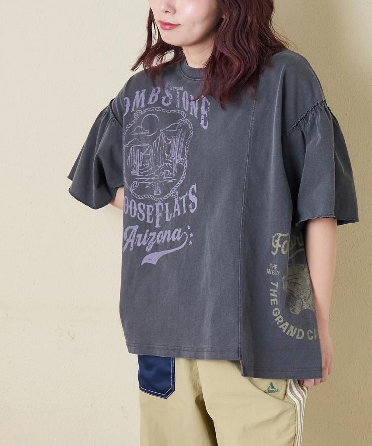 CUBE SUGAR(キューブシュガー) |【春新作】20/-OE天竺 ピグメント染 リメイク風 ギャザースリーブ プルオーバー