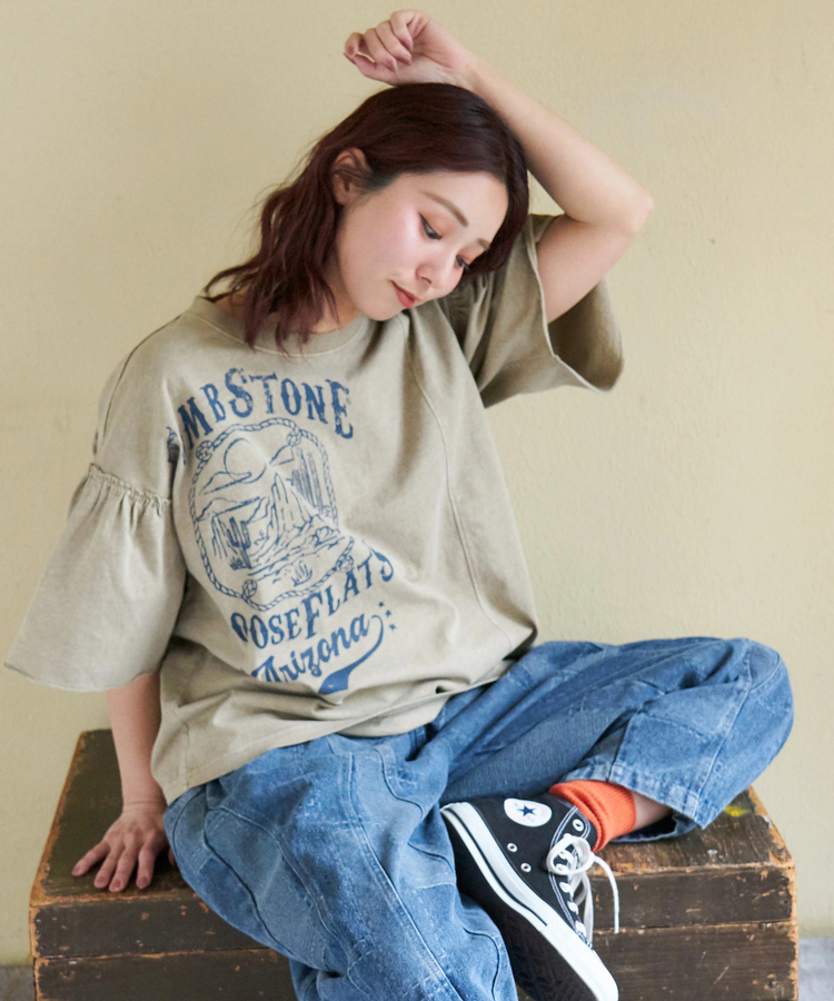 CUBE SUGAR(キューブシュガー) |【春新作】20/-OE天竺 ピグメント染 リメイク風 ギャザースリーブ プルオーバー