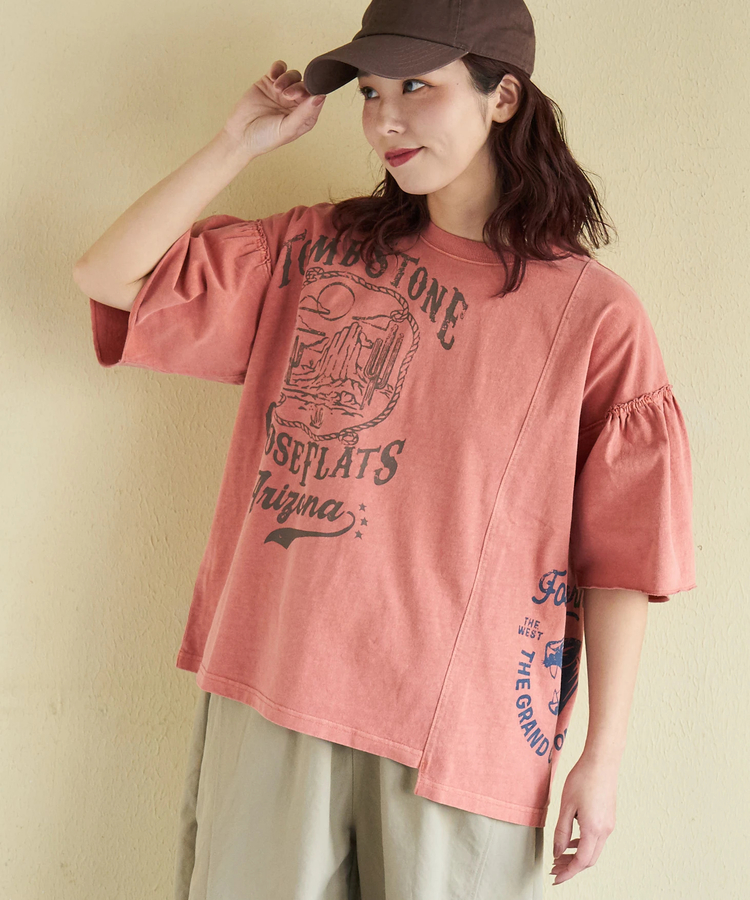 CUBE SUGAR(キューブシュガー) |【春新作】20/-OE天竺 ピグメント染 リメイク風 ギャザースリーブ プルオーバー