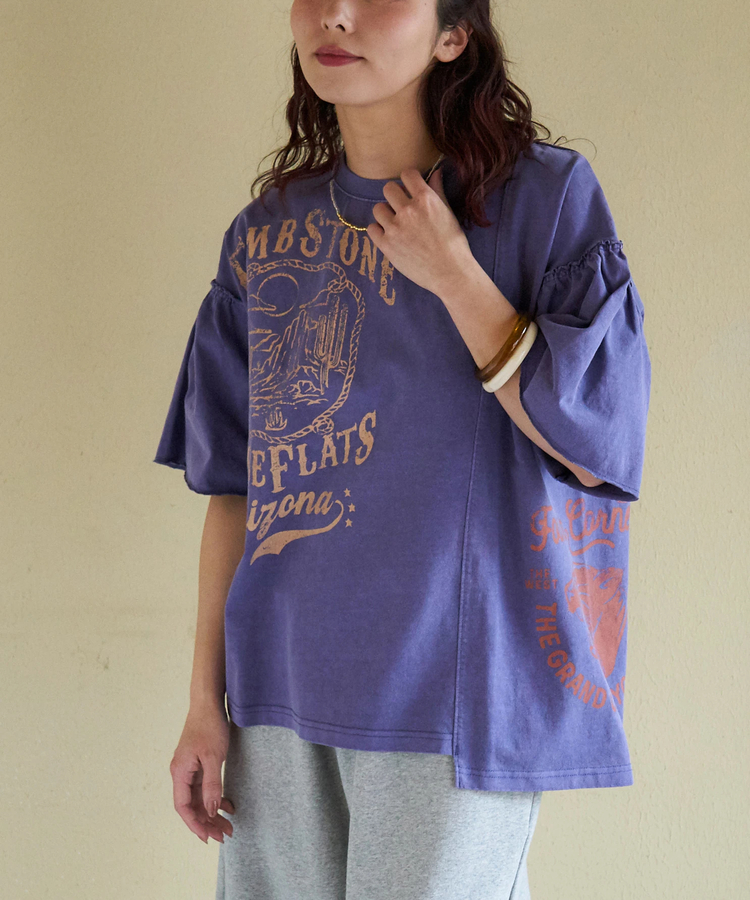 CUBE SUGAR(キューブシュガー) |【春新作】20/-OE天竺 ピグメント染 リメイク風 ギャザースリーブ プルオーバー