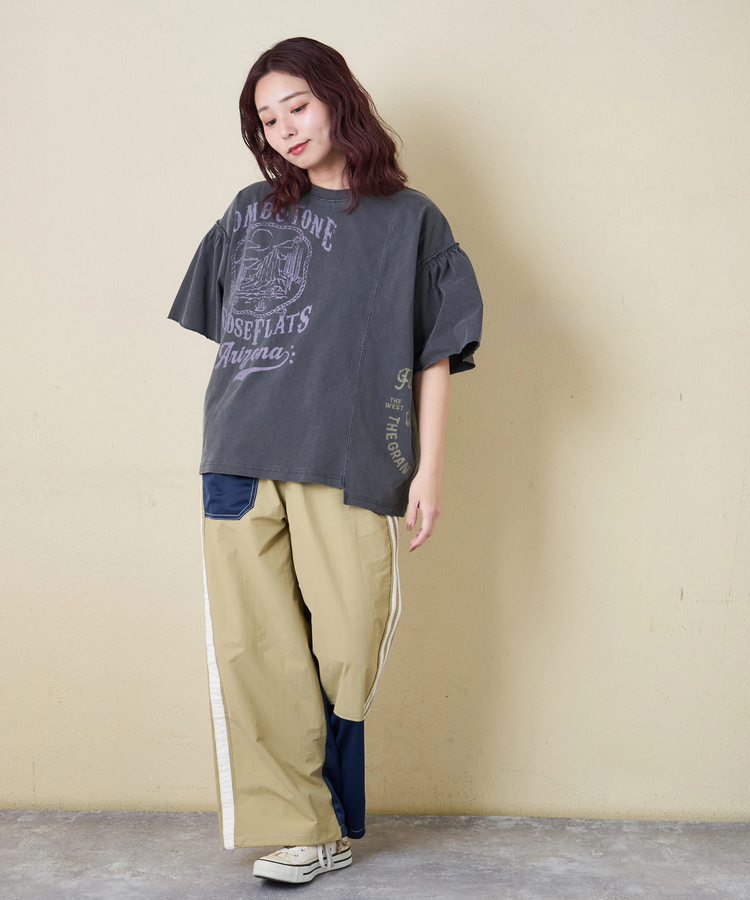 CUBE SUGAR(キューブシュガー) |【春新作】20/-OE天竺 ピグメント染 リメイク風 ギャザースリーブ プルオーバー