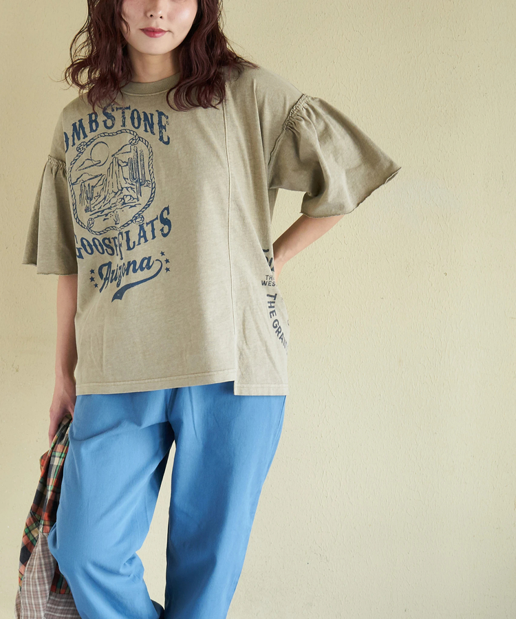 CUBE SUGAR(キューブシュガー) |【春新作】20/-OE天竺 ピグメント染 リメイク風 ギャザースリーブ プルオーバー