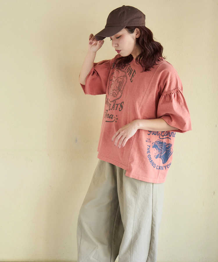 CUBE SUGAR(キューブシュガー) |【春新作】20/-OE天竺 ピグメント染 リメイク風 ギャザースリーブ プルオーバー