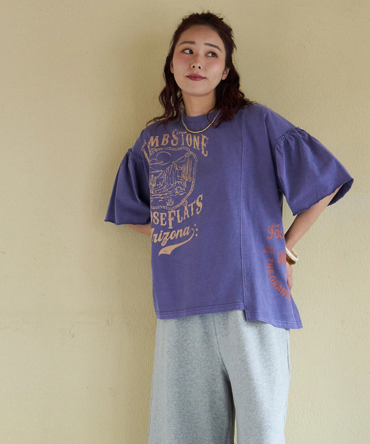 CUBE SUGAR(キューブシュガー) |【春新作】20/-OE天竺 ピグメント染 リメイク風 ギャザースリーブ プルオーバー