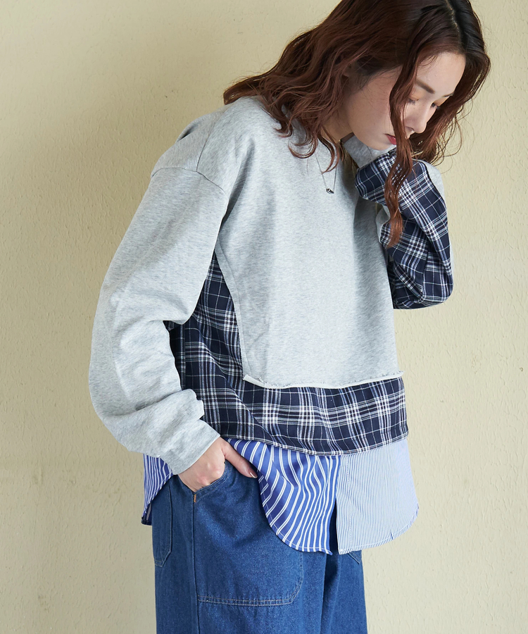CUBE SUGAR(キューブシュガー) |【春新作】ミニ裏毛 スウェット × チェック 切替 プルオーバー