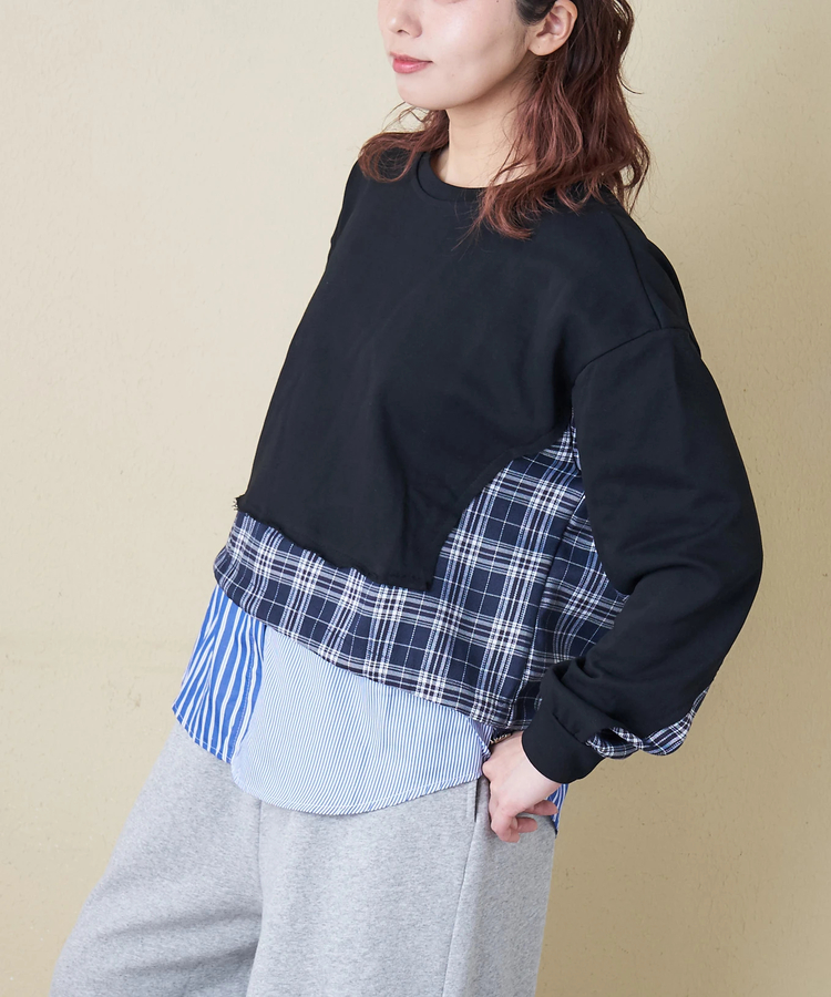 CUBE SUGAR(キューブシュガー) |【春新作】ミニ裏毛 スウェット × チェック 切替 プルオーバー