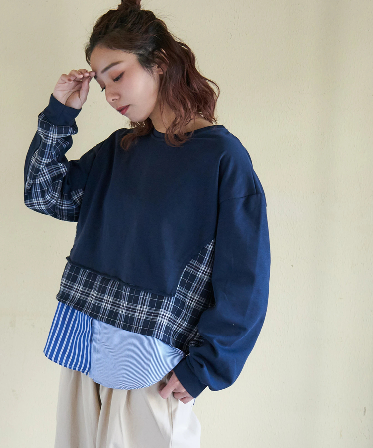 CUBE SUGAR(キューブシュガー) |【春新作】ミニ裏毛 スウェット × チェック 切替 プルオーバー
