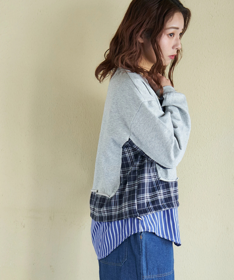 CUBE SUGAR(キューブシュガー) |【春新作】ミニ裏毛 スウェット × チェック 切替 プルオーバー