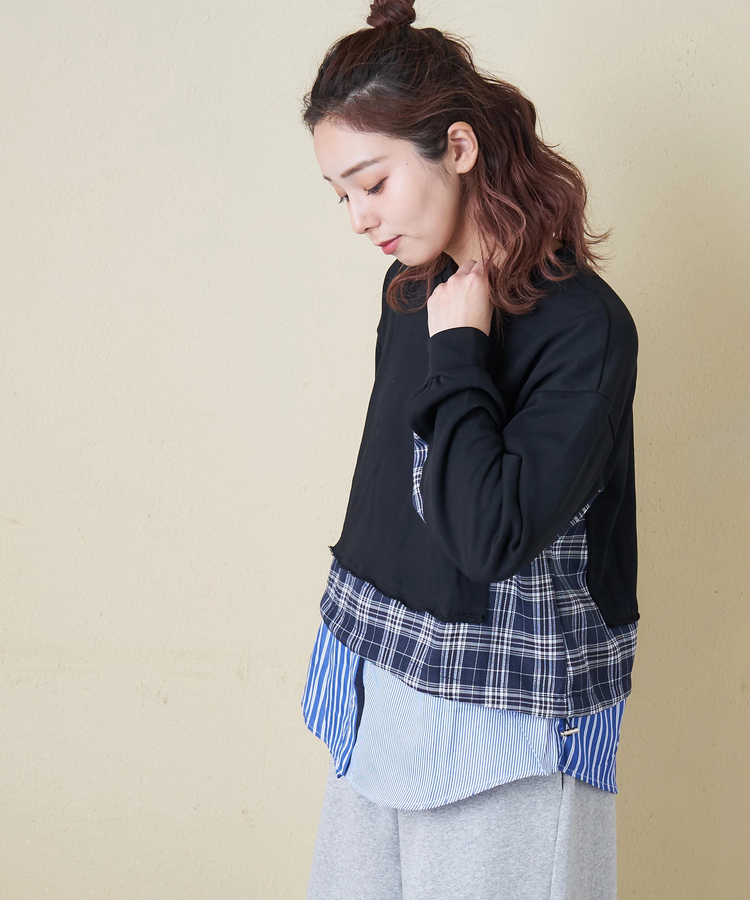 CUBE SUGAR(キューブシュガー) |【春新作】ミニ裏毛 スウェット × チェック 切替 プルオーバー