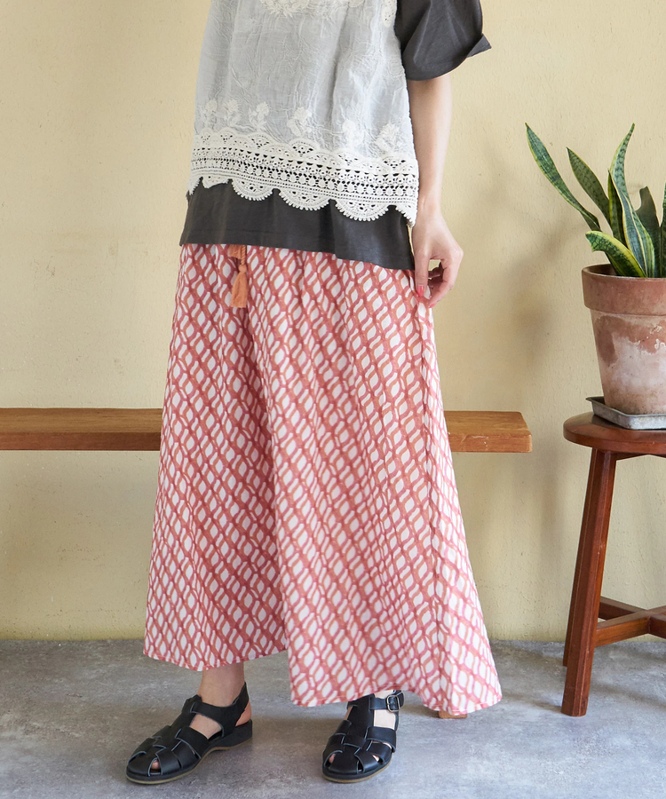 CUBE SUGAR(キューブシュガー) |【春夏新作】インド 総柄 プリント ギャザースカート