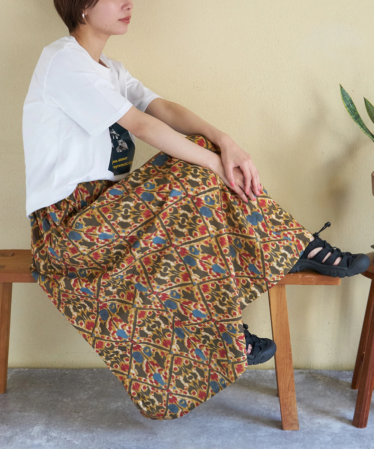CUBE SUGAR(キューブシュガー) |【春夏新作】インド 総柄 プリント ギャザースカート