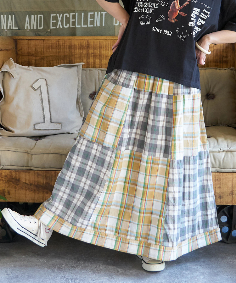 CUBE SUGAR(キューブシュガー) |【春新作】インド 先染め チェック パッチワーク ギャザースカート
