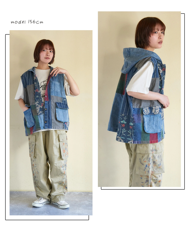 CUBE SUGAR(キューブシュガー) |【春新作】デニム パッチワーク フード ベスト