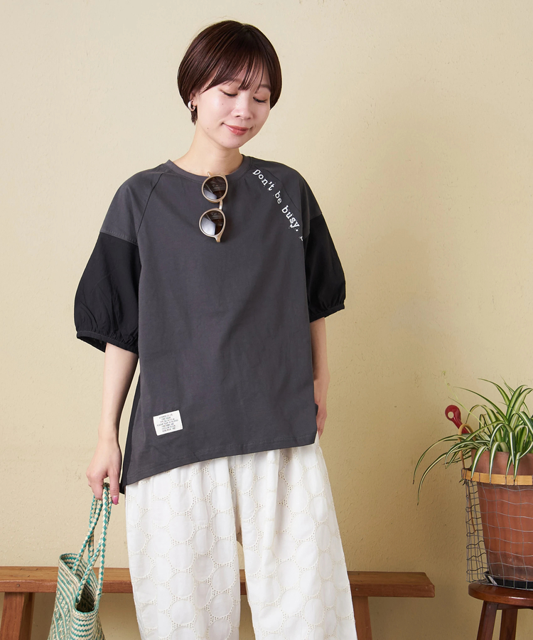 CUBE SUGAR(キューブシュガー) |【春新作】26/-天竺 × 布帛 パフスリーブ 6分袖 プルオーバー