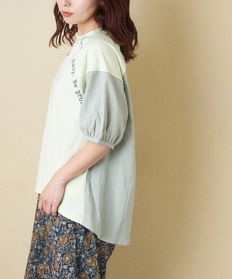 CUBE SUGAR(キューブシュガー) |【春新作】26/-天竺 × 布帛 パフスリーブ 6分袖 プルオーバー