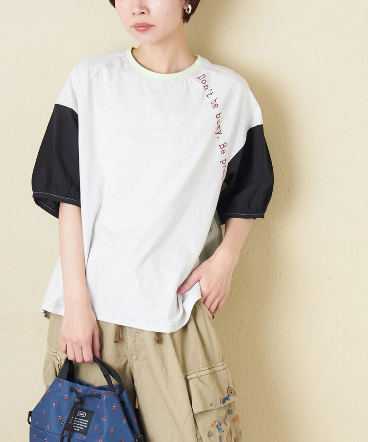 CUBE SUGAR(キューブシュガー) |【春新作】26/-天竺 × 布帛 パフスリーブ 6分袖 プルオーバー